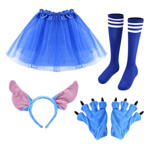 Laluky Blaues Ohren-Stirnband-Kostüm-Set, Halloween-Haarreif mit blauen Ohren und passenden Handschuhen mit schwarzen Krallen und Tutu-Rock für Cosplay-Kostüm-Zubehör (Farbe: Blau) von Laluky