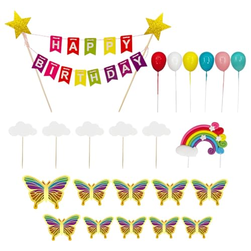 Tortendekoration Geburtstag, Packung mit 23 Tortenaufleger, Tortendekoration Geburtstag Set inklusive Regenbogen, Ballon, Stern, Schmetterling, Happy Birthday, Wolke für Geburtstagsfeier(FARBE:bunt) von Laluky