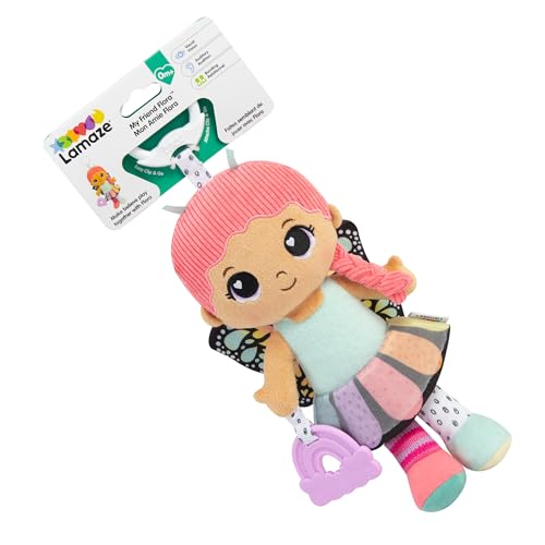LAMAZE My Friend Flora Clip & Go Puppe, Texturierte Erstlingspuppe mit Knisterrock & Schmetterlingsflügel, Regenbogen-Beißring & Rassel, Clip für Buggy, Sensorische und Motorik‑Entwicklung von Lamaze