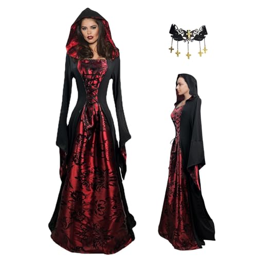 Damen Halloween Kostüm Retro Mittelalter Kleidung, Gothic-Kapuzenkleid Für Damen, Mittelalter Kleid Gewand Und Gotischen Renaissance Maxikleidern Für Halloween Karneval von Lambo
