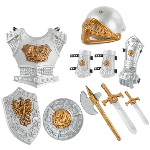 Lamppdcor 10pcs Knight -Kostüm für Kinder, simulierte mittelalterliche Rüstung mit Helmschild Schwertern Axt, Rollenspiel Cosplay Halloween Party von Lamppdcor