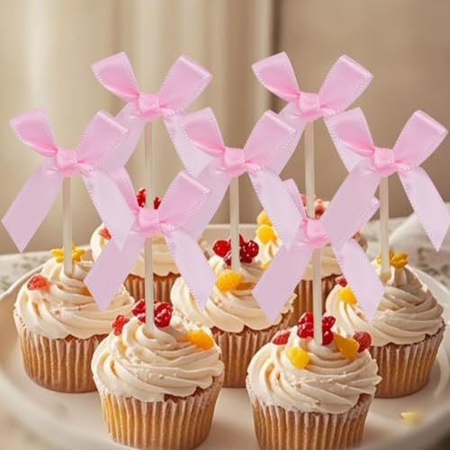 Cupcake-Topper mit rosa Schleife, Kokette, Geburtstagsparty, Kuchendekorationen für Junggesellinnenabschied, Brautparty, Babyparty, Verlobung, Hochzeit, Motto-Party, 24 Stück (Rosa) von Lanboon