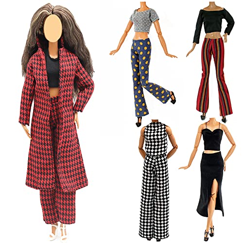 Lance Home® 5 Sets Herbstkleidung Kleider + Hosen Schuhe Langarm Plaid Mantel für 29 cm Puppen Zubehör Weihnachtsgeschenk für 29 cm Puppe Casual Stil von Lance Home
