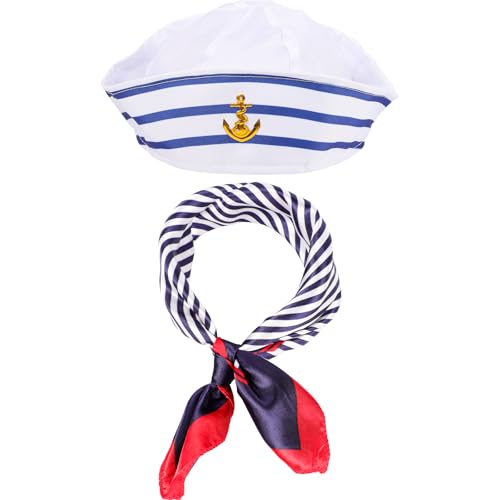 Lancry Matrosenmütze Und Schal Set,Matrosen Kostüm Kapitänsmütze für Herren Damen,Matrosen Marine Hut Mütze Und Blau-Weiß Gestreifter Schal für Verkleidung Party von Lancry