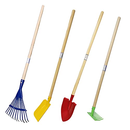 Kinder Gartengeräte Kindergartengeräte 1 von 8, Kinder Garten Werkzeuge Geräte Schaufel, Besen, Rechen, Laubbesen, Harke, Grubber, Doppelhacke, Spaten, Metall mit Holzstiel (SET 4 tlg.) von Land-Haus-Shop