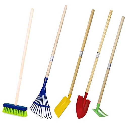 Kinder Gartengeräte Kindergartengeräte 1 von 8, Kinder Garten Werkzeuge Geräte Schaufel, Besen, Rechen, Laubbesen, Harke, Grubber, Doppelhacke, Spaten, Metall mit Holzstiel (SET 5 tlg.) von Land-Haus-Shop