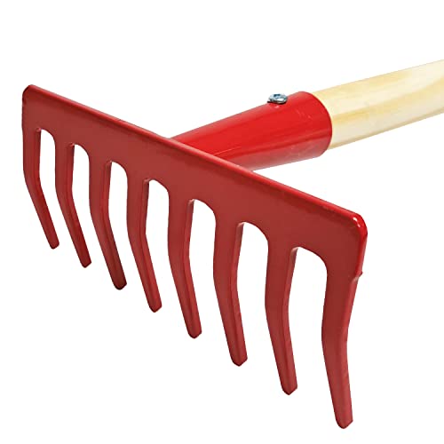 Land-Haus-Shop Kindergartengeräte 1 von 8, Kinder Garten Werkzeuge Geräte Schaufel, Besen, Rechen, Laubbesen, Harke, Grubber, Doppelhacke, Spaten, Metall mit Holzstiel (Harke rot) von Land-Haus-Shop