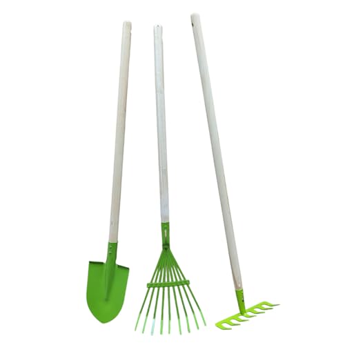 Kindergartengeräte 1 von 8, Kinder Garten Werkzeuge Geräte Schaufel, Besen, Rechen, Laubbesen, Harke, Grubber, Doppelhacke, Spaten, Metall mit Holzstiel (Set 3 TLG. orange) von Land-Haus-Shop