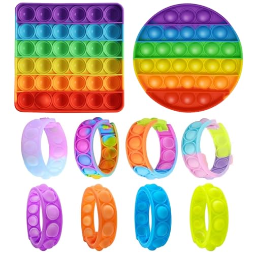 2X Pop Fidget Spielzeug + 10x Pop Armband Kinder Set – Silikon Antistress Spielzeug – Fidget Toys für Kindergeburtstag, Schule, Einschulung, Mitgebsel, Party Gadgets von LandReCol