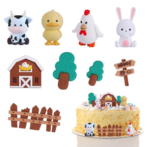 Bauernhof Geburtstag Deko, 9-Teilige Farm-Themen Tortendekoration Set Für Kindergeburtstag, DIY Bauernhof Deko Mit Kuh, Hähnchen, Häschen, Ente, Weiche Gummi Material von LandReCol