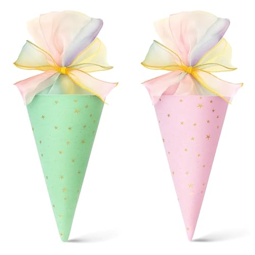 LandReCol 2 STK Einschulung Geschwister Schultüte Jungen Mädchen – Kleine Zuckertüte 49 cm Grün + Rosa, Schultüten mit Schleife, Geschenk zur Einschulung 1. Klasse für Geschwister von LandReCol