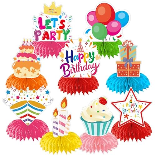 LandReCol 9 Stück Geburtstagsdeko Happy Birthday Deko, Farblich Fröhliche Waben Tischdekoration Für Kindergeburtstage, Schnelle Und Einfache Party Deko Aus Papier von LandReCol