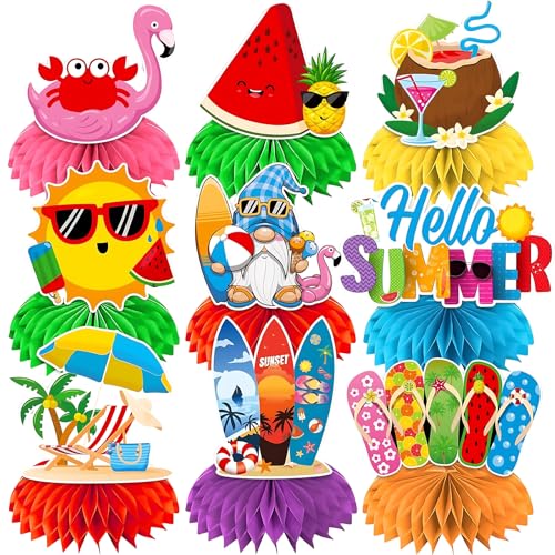 LandReCol 9-Teilige Sommer Bienenwaben Set Hawaii Tischdekoration Aloha Hawaii Deko Hawaii Party Deko für Pool Party, Geburtstag & Luau mit Tiki Flamingo Deko, 3D Tischaufsätzen & Tropischen Motiven von LandReCol