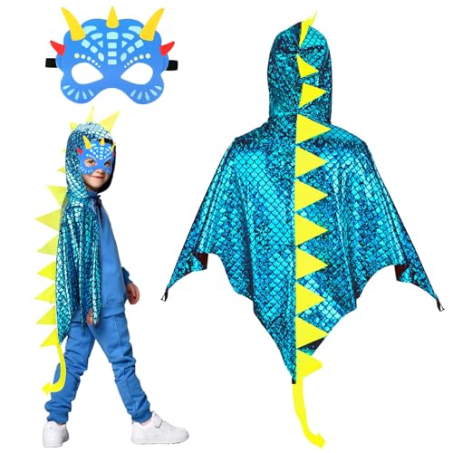 Landifor 2 Stück Dinosaurier Kostüm Kinder blau Dinokostüm Dinosaurierkostüm Drachenflügel Umhang mit Maske Pterosaurier Verkleidung für Mädchen Jungen Halloween Fasching Karneval Maskerade von Landifor