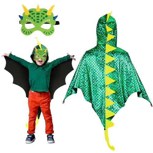 Landifor 2 Stück Dinosaurier Kostüm Kinder grün Dinokostüm Dinosaurierkostüm Drachenflügel Umhang mit Maske Pterosaurier Verkleidung für Mädchen Jungen Halloween Fasching Karneval Walpurgisnacht von Landifor