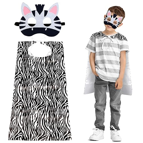 Landifor 2 Stück Zebra Kostüm Kinder Zebrakostüm Tier Kinderkostüm Zebramaske mit Umhang Zebra Cosplay Zubehör Halloween Kostüm für Mädchen Jungen Fasching Karneval Herbst Dschungel Party von Landifor