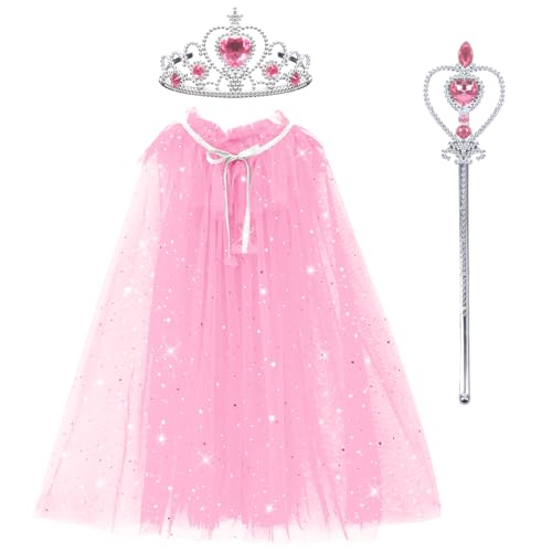 Landifor 3-teiliges Prinzessin Umhang Mädchen Pink Pailletten-Stern Cape Tüll Umhang mit Krone Zauberstab für Karneval Halloween Cosplay Fasching Mottoparty (Rosa) von Landifor