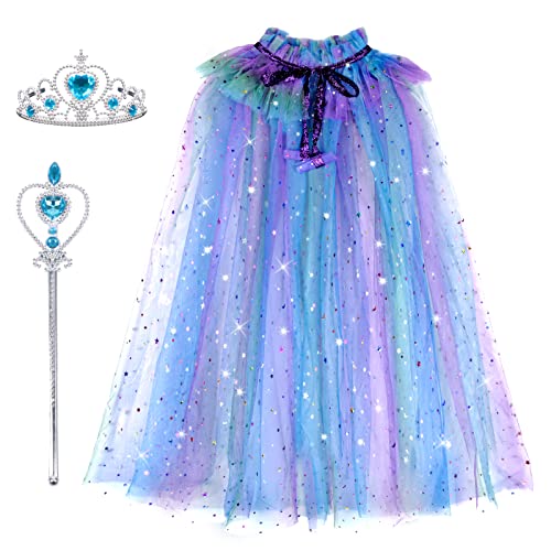 Landifor 3er Bunter Prinzessin Umhang Mädchen Glitzer Pailletten Cape Kinder Tüll Umhang mit Blaue Krone Zauberstab Geburtstagsgeschenk für Frühling Karneval Halloween Mottoparty von Landifor
