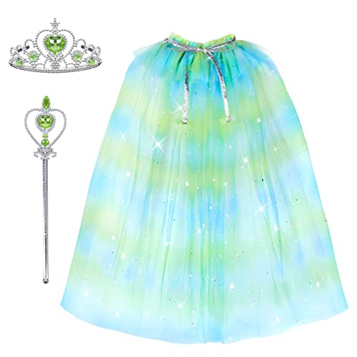 Landifor 3-teiliges Prinzessin Mädchen Umhang Blau-Grün Tüll Umhang Fee Cape mit Krone Zauberstab Geschenk für Kindergeburtstage Karneval Halloween Fasching Cosplay Tanzparty Wonderland Party von Landifor