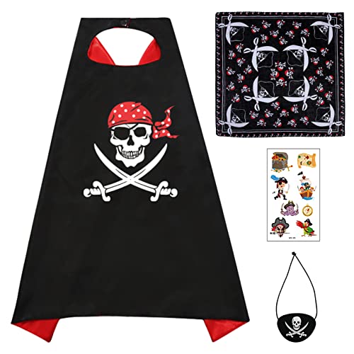 Landifor 4-teiliges Karneval Piratenkostüm Kinder Piraten Umhang mit Pirat Augenklappe Bandana Tattoo für Jungen Mädchen Fasching Halloween Cosplay Piratenparty Maskerade von Landifor