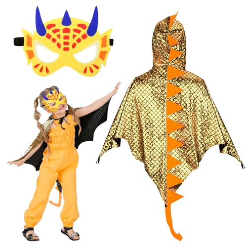 Landifor 2 Stück Dinosaurier Kostüm Kinder Gold Dino Kostüm Drachen Flügel Umhang mit Dino Maske Dinosaurierkostüm Pterosaurier Verkleidung für Mädchen Jungen Fasching Karneval Halloween von Landifor