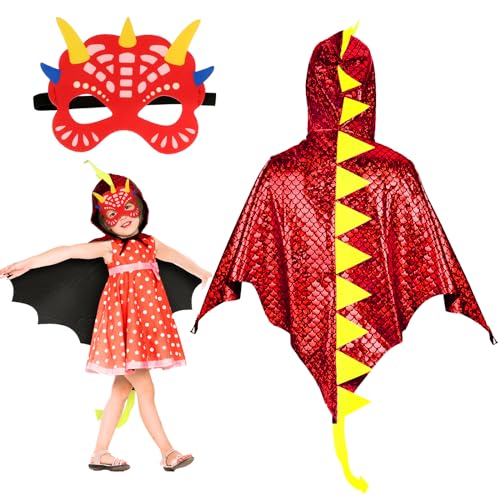 Landifor 2 Stück Dinosaurier Kostüm Kinder rot Dino Kostüm Drachen Flügel Umhang mit Dino Maske Dinosaurierkostüm Pterosaurier Verkleidung für Mädchen Jungen Fasching Karneval Halloween von Landifor