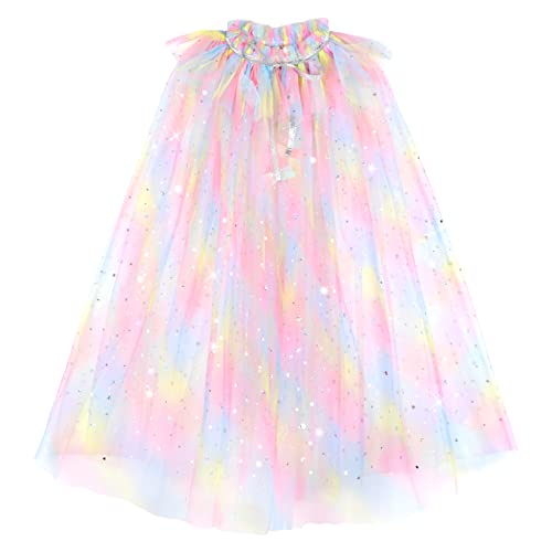 Landifor Prinzessin Umhang Mädchen Glitzer-Stern Cape Tüll Umhang Kinder Party Kostüm für Geburtstagsgeschenk Frühling Ostern Karneval Halloween Mottoparty (Rosa Blau Gelb) von Landifor