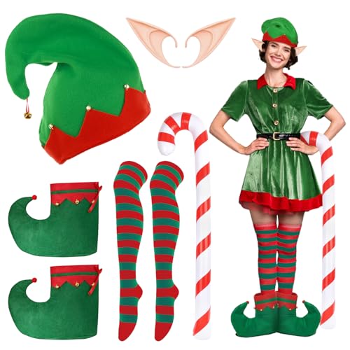 Landifor Weihnachtselfen-Kostüm-Zubehör, Weihnachtsmann-Helfer-Kostüm, Elfenhut, Schuhüberzug, gestreift, Strumpf, Pixie-Ohren mit aufblasbarer Zuckerstange, Geschenk für Erwachsene, Glöckchen, Landifor Weihnachtselfen-Kostüm-Zubehör, Weihnachtsmann-Helfer-Kostüm, Elfenhut, Schuhüberzug, gestreift, Strumpf, Pixie-Ohren mit aufblasbarer Zuckerstange, Geschenk für Erwachsene, Glöckchen, von Landifor