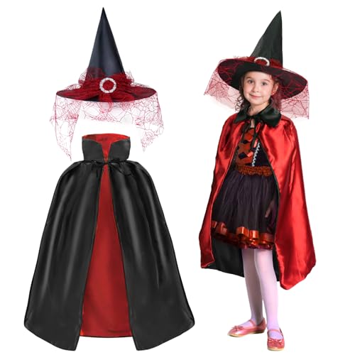 Landifor 2 Stück Zauberer Kostüm Kinder Karneval Hexenkostüm Rot Zauberer Umhang mit Hut Hexen Kinderkostüm Hexenhut Faschingskostüm für Karneval Fasching Maskerade Hexennacht Cosplay Junge Mädchen von Landifor