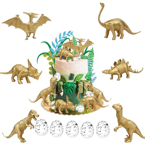 18 Stück goldene Dinosaurier-Figuren Spielzeug Kuchendekoration mit Dinosaurier-Eiern und künstlichen Palmenblättern, pädagogisches realistisches Dinosaurier-Tier-Set für Dino-Motto Geburtstagsparty von Lanfly
