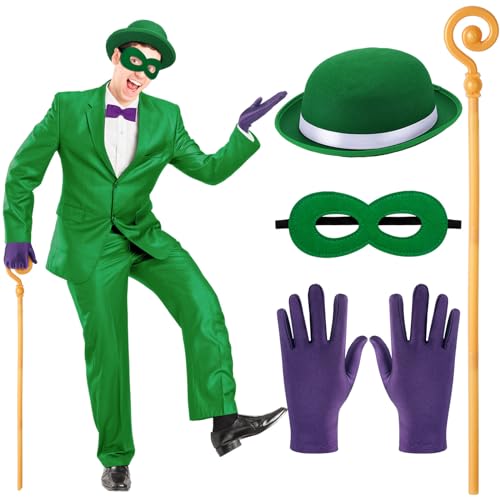 Langyiwee Fragezeichenkostüm-Zubehör-Set für Erwachsene, enthält einen grünen Derby-Hut aus Filz, goldenem Fragezeichen-Rohr, verstellbarer Halloween-Augenmaske und violettem Handschuh für Herren, Langyiwee Fragezeichenkostüm-Zubehör-Set für Erwachsene, enthält einen grünen Derby-Hut aus Filz, goldenem Fragezeichen-Rohr, verstellbarer Halloween-Augenmaske und violettem Handschuh für Herren, von Langyiwee