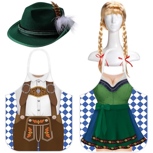 Langyiwee Oktoberfest-Kostüm für Paare, Oktoberfest-Schürzen, deutsche Hüte, blonde Perücke, Paare, Kochschürzen mit Seilen, für deutsches Oktoberfestkleid, Küche, Kochen, Grillparty, Geschenke, 4 von Langyiwee