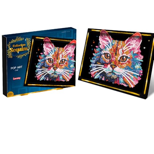 Lansay - SEQUINS COLLECTION - Pop Art Katze - Neu - Erstelle ein glitzerndes Sequin-Bild einer Katze - Inklusive Aufbewahrungsfach - Kreative Aktivität für Erwachsene und Jugendliche Ab 14 Jahren von Lansay