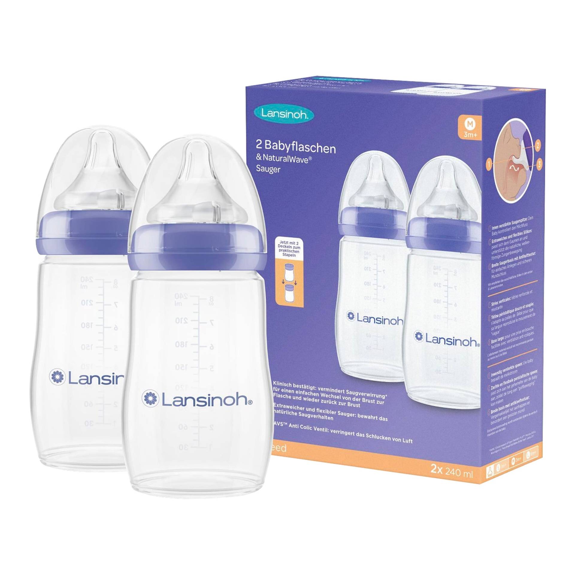 Lansinoh 2er-Pack Babyflaschen mit NaturalWave Sauger, Weithals, 240 ml, Gr.M von Lansinoh