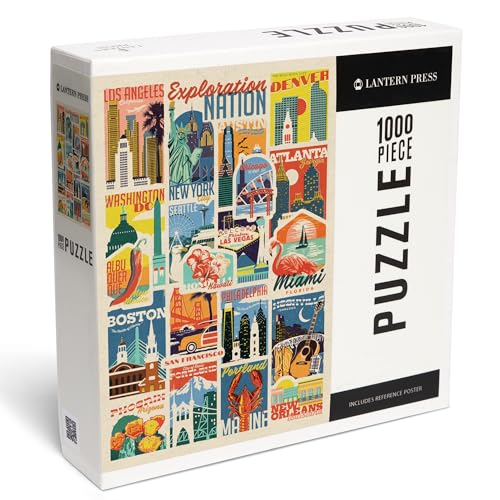 Lantern Press Puzzle mit 1000 Teilen, Woodblock Cities Collage, Exploration Nation von Lantern Press