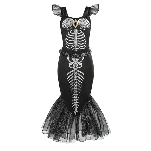 Halloween-Kostüm für Mädchen, Skelettkleid mit Schmuckzubehör, Fischschwanzkleid mit Pailletten und Tüll, schwarz, Halloween-Kostüm, Mädchen, für Karneval, Party, Geburtstag, Party Halloween-Kostüm für Mädchen, Skelettkleid mit Schmuckzubehör, Fischschwanzkleid mit Pailletten und Tüll, schwarz, Halloween-Kostüm, Mädchen, für Karneval, Party, Geburtstag, Party von Lanunlly