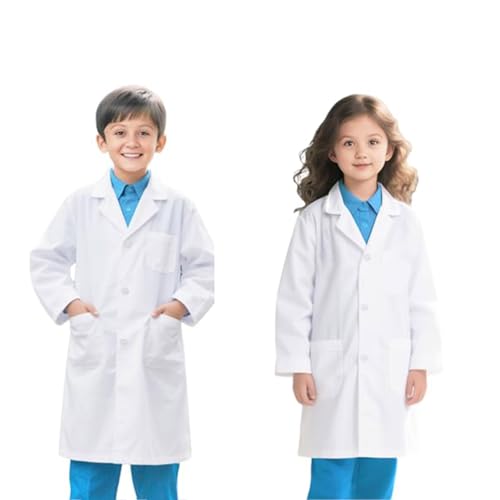 Laborkittel für Kinder, Mädchen, Unisex, weißer Kittel, Labor, Medizin, Wissenschaftler, Studenten, Schule für Jungen, Mädchen, Cosplay, mit Taschen, Kostüme, Größenbereich von 3 bis 12 Jahren von Lanunlly
