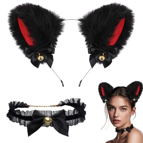 2 Stück Katzenohren Haarreif Katzen Haarreif Katzenohren Schwarz Katzen Ohren mit Kragen Cosplay Plüsch Haarreifen mit Glocke und Bowknot für Cosplay Party Kostüm von Laralily