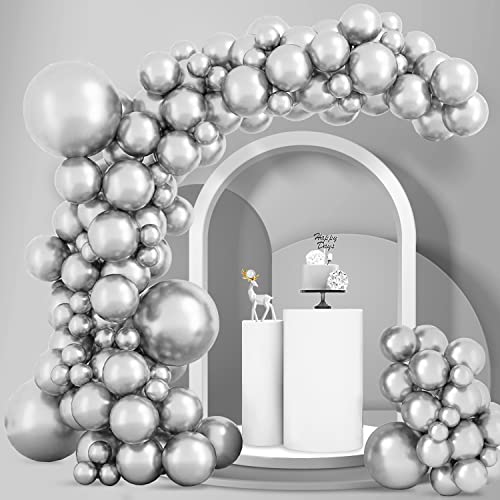 Larber 100 Stück Metallic Luftballons, Silber Ballon Girlanden Bogen Kit für Geburtstag, Hochzeit, Verlobung, Taufe, Weihnachten & Party Dekoration von Larber