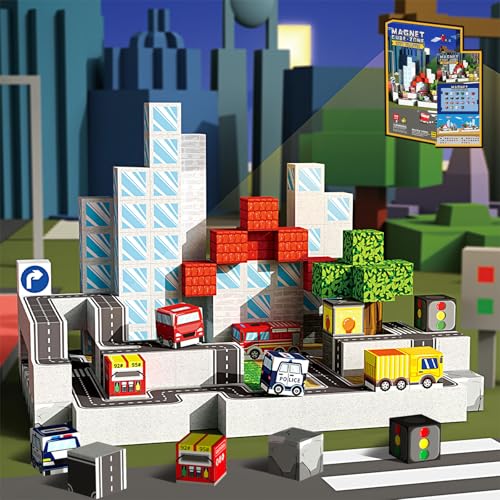 Larkipuzz 3D-Magnetblöcke 100 Stück für Kinder Magnetwürfel, sensorisches Konstruktionsbauspielzeug für Kleinkinder, magnetische Fliesen Stadtstraßenautos, stapelbare Spielzeugspiele für Kinder von 3 von Larkipuzz