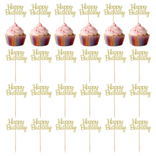 Cupcake-Aufsätze, "Happy Birthday", glitzernde Cupcake-Aufsätze, für Geburtstag, Cupcakes, Lebensmittel-Picker zum Feiern von Jubiläen, Mottopartys, Kuchendekorationen, Zubehör, 24 Stück Cupcake-Aufsätze, "Happy Birthday", glitzernde Cupcake-Aufsätze, für Geburtstag, Cupcakes, Lebensmittel-Picker zum Feiern von Jubiläen, Mottopartys, Kuchendekorationen, Zubehör, 24 Stück von Larrel