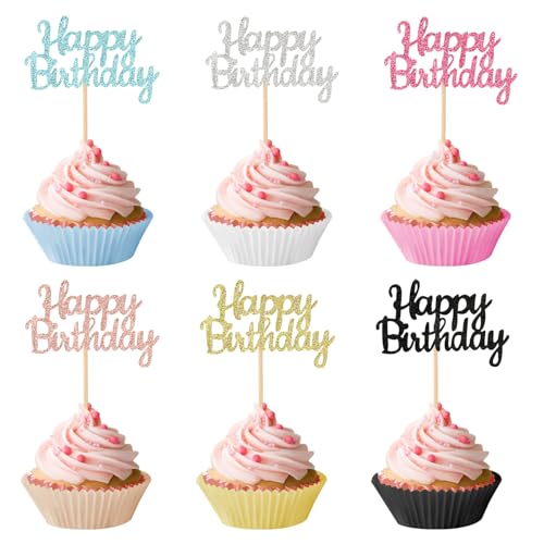 Larrel 24 Stück Happy Birthday Cupcake Toppers, 6 Farbe Glitzernd Kuchendekorationen Happy Birthday Tortendeko Muffin Deko Cupcake Topper Stäbchen zum Geburtstag für Party Cupcake Dekorationen von Larrel