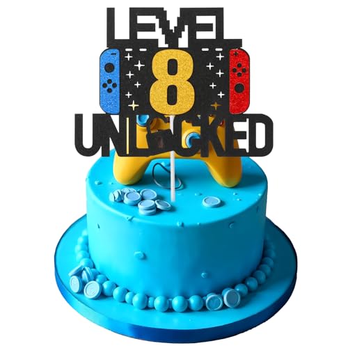 Larrel Tortendeko Geburtstag, Tortendeko Gaming Level 8 Unlocked Geburtstag Kuchen Deko Videospiel Tortendeko Geburtstag DIY Level Up Happy Birthday Cupcake Topper mit Papier Stick für 8 Jahre Junge von Larrel