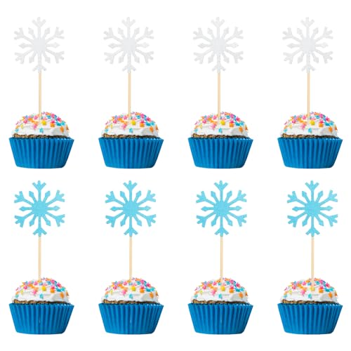 Schneeflocken-Cupcake-Topper, Eiskönigin-Kuchenaufsätze, Glitzer-Winter-Cupcake-Picks, Schneeflocken-Kuchendekorationen für Themenparty, Geburtstag, Weihnachten, Babyparty und Winterwunderland, 40 von Larrel