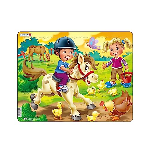 Larsen BM8 Rahmenpuzzle für Kinder I Pony reiten und Hühner füttern I Puzzle ab 3 Jahre I Schönes Kinderpuzzle mit 16 Teilen I Spiel, Spaß & Lernen von Larsen