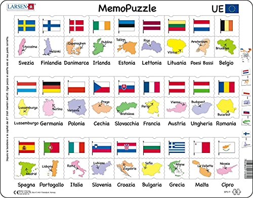 Larsen GP2 MemoPuzzle: Namen, Flaggen und Hauptstädte von 27 EU-Mitgliedsstaaten, Italienisch Ausgabe, Rahmenpuzzle mit 54 Teilen von Larsen