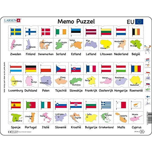 Larsen GP2 MemoPuzzle: Namen, Flaggen und Hauptstädte von 27 EU-Mitgliedsstaaten, Niederländisch Ausgabe, Rahmenpuzzle mit 54 Teilen Larsen GP2 MemoPuzzle: Namen, Flaggen und Hauptstädte von 27 EU-Mitgliedsstaaten, Niederländisch Ausgabe, Rahmenpuzzle mit 54 Teilen von Larsen