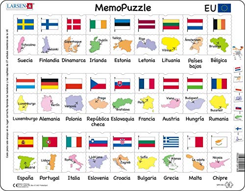 Larsen GP2 MemoPuzzle: Namen, Flaggen und Hauptstädte von 27 EU-Mitgliedsstaaten, Spanisch Ausgabe, Rahmenpuzzle mit 54 Teilen von Larsen