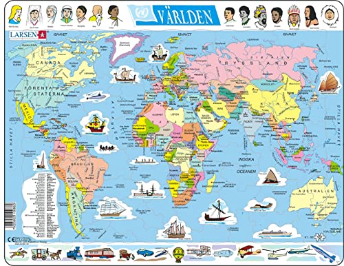Larsen K1 Die Erde - politische Weltkarte, Schwedisch Ausgabe, Rahmenpuzzle mit 107 Teilen von Larsen