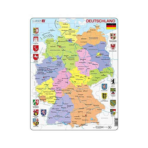 Larsen K21 Deutschland Politische Karte Puzzle – 48 Teile, Lernspiel für Kinder 4–12 Jahre, Bildungs-Puzzle mit Bundesländern, Wappen & Städten, Rahmenpuzzle aus Norwegen von Larsen